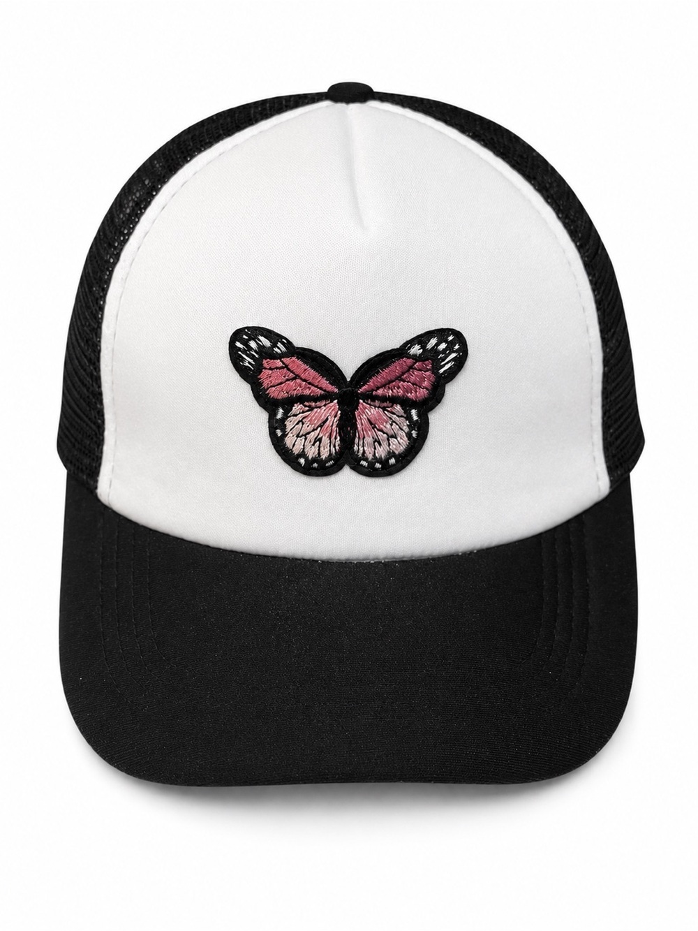 Hand Crafted Pink Butterfly Patch Black & White Trucker Hat